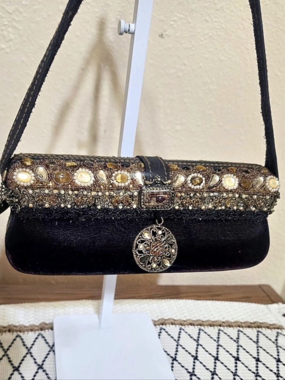 Mary Frances Beaded Shoulder Bag in Black & Brown